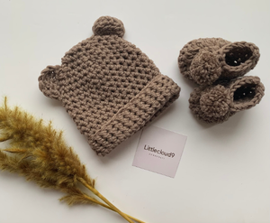 Littlecloud9 handknits - Baby beanie and booties set Merino wool Taupe.-Rosy Posy Petals