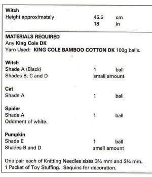 King Cole Knitting Pattern 9004 -Halloween patterns for Witch, Cat, Spider and Pumpkin.